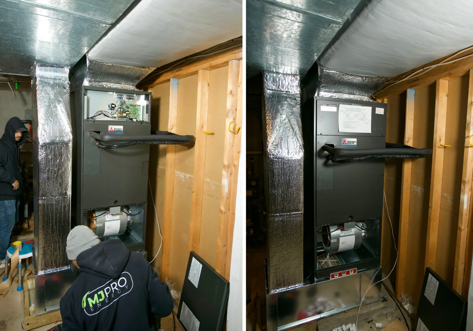 MJ Pro technician installing a Mitsubishi Electric air handler