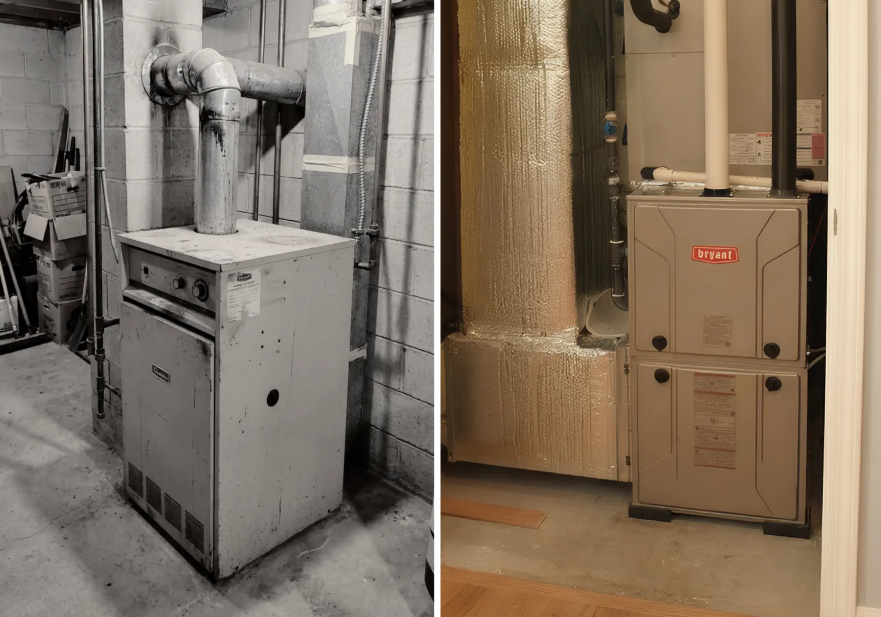 Old furnace next to a new one