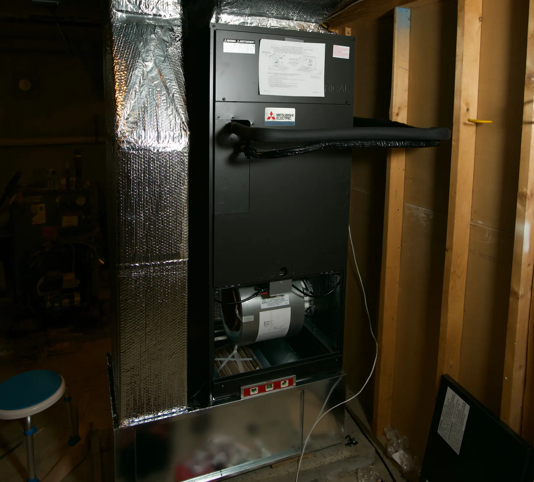 New Mitsubishi Electric air handler installed in a basement